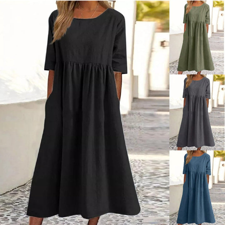 Spring And Summer New Round Neck 5-point Sleeve Plus Size Casual Loose Long Solid Color Cotton And Linen Dress-Womens 2024 March-Zishirts