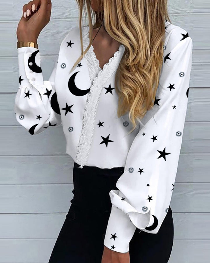 Women's Fashionable Printed Lace Casual Shirt-Blouses & Shirts-Zishirts