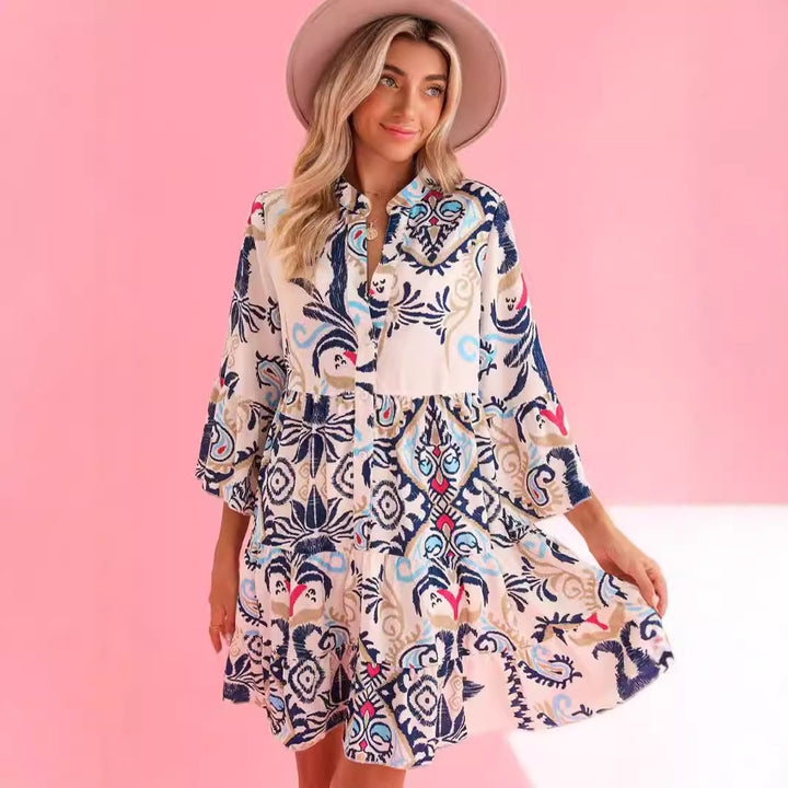 New Bohemian Style Printed Layered Mini Dress-Lady Dresses-Zishirts