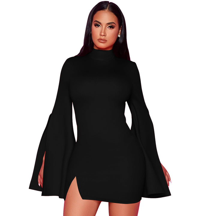 Women's Pure Color Split Flared Long Sleeve Dress-Womens 2024 March-Zishirts