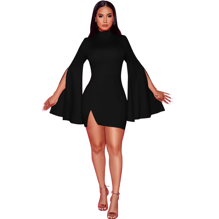 Women's Pure Color Split Flared Long Sleeve Dress-Womens 2024 March-Zishirts