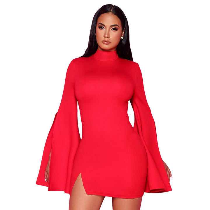 Women's Pure Color Split Flared Long Sleeve Dress-Womens 2024 March-Zishirts