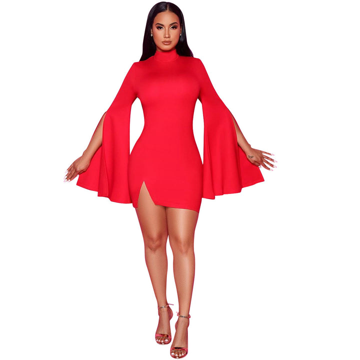 Women's Pure Color Split Flared Long Sleeve Dress-Womens 2024 March-Zishirts