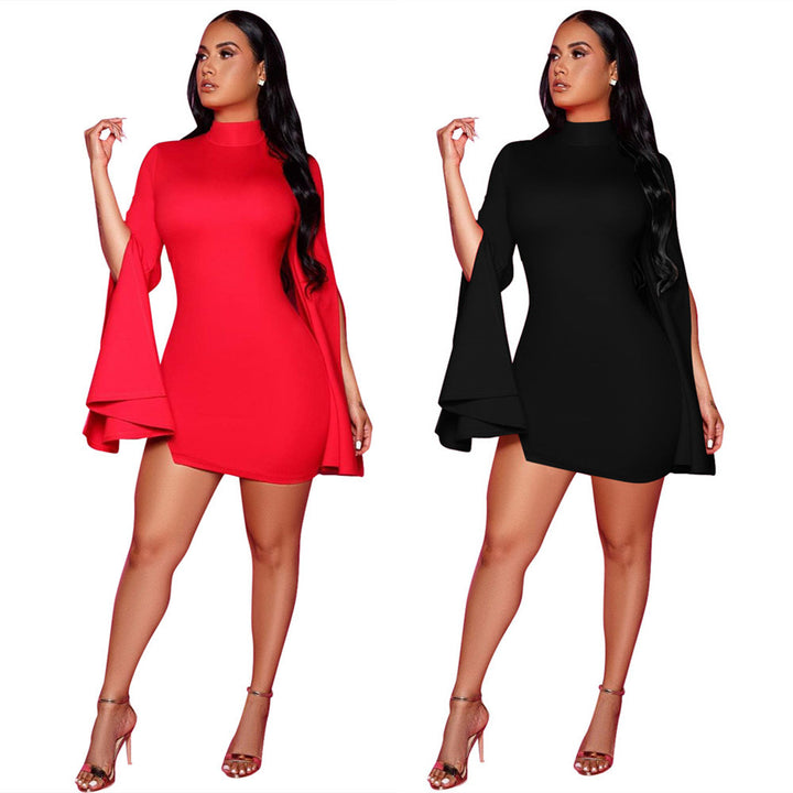 Women's Pure Color Split Flared Long Sleeve Dress-Womens 2024 March-Zishirts