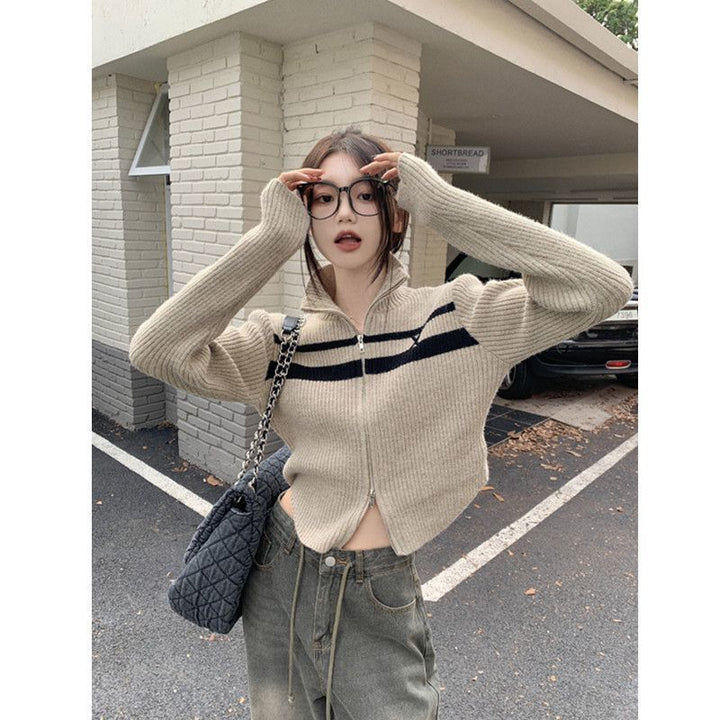 Casual Stand Collar Zipper Sweater Coat Slim Top For Women-Sweaters-Zishirts