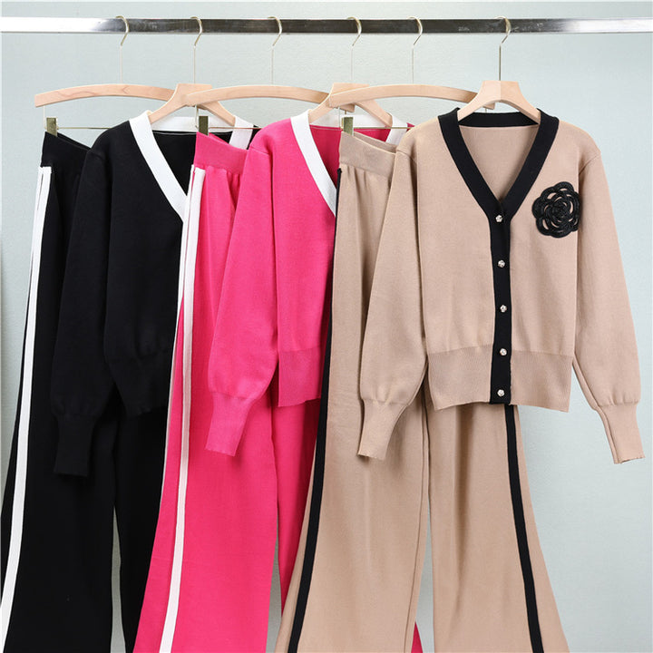 Sweaters Suit V-neck Long-sleeved Cardigan Loose Wide-leg Pants Two-piece Set-Suits & Sets-Zishirts