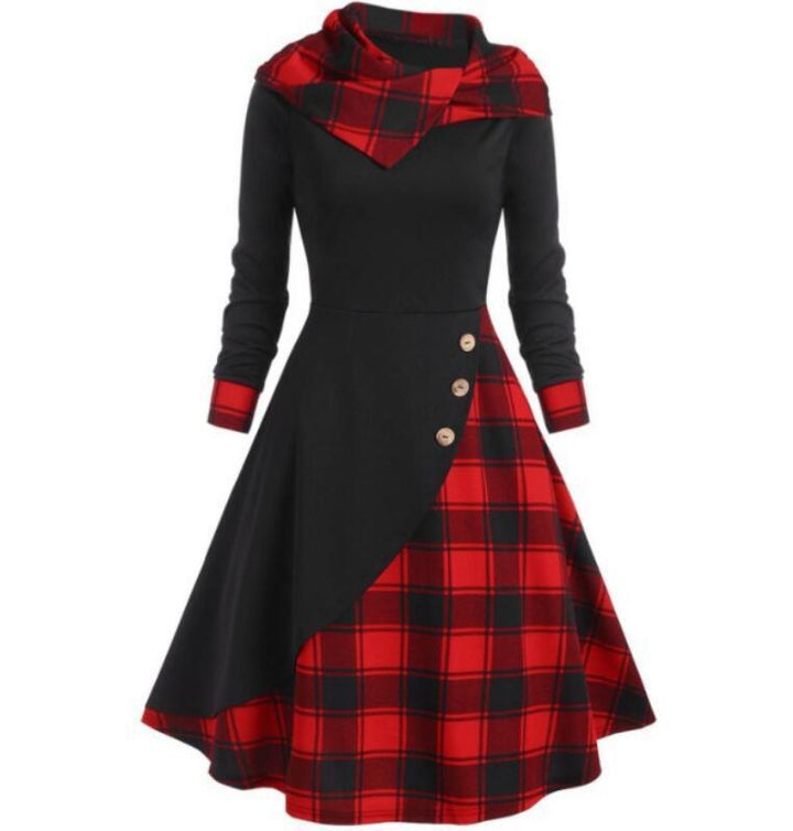 Plaid Stitching Hooded Turtleneck Dress-Lady Dresses-Zishirts