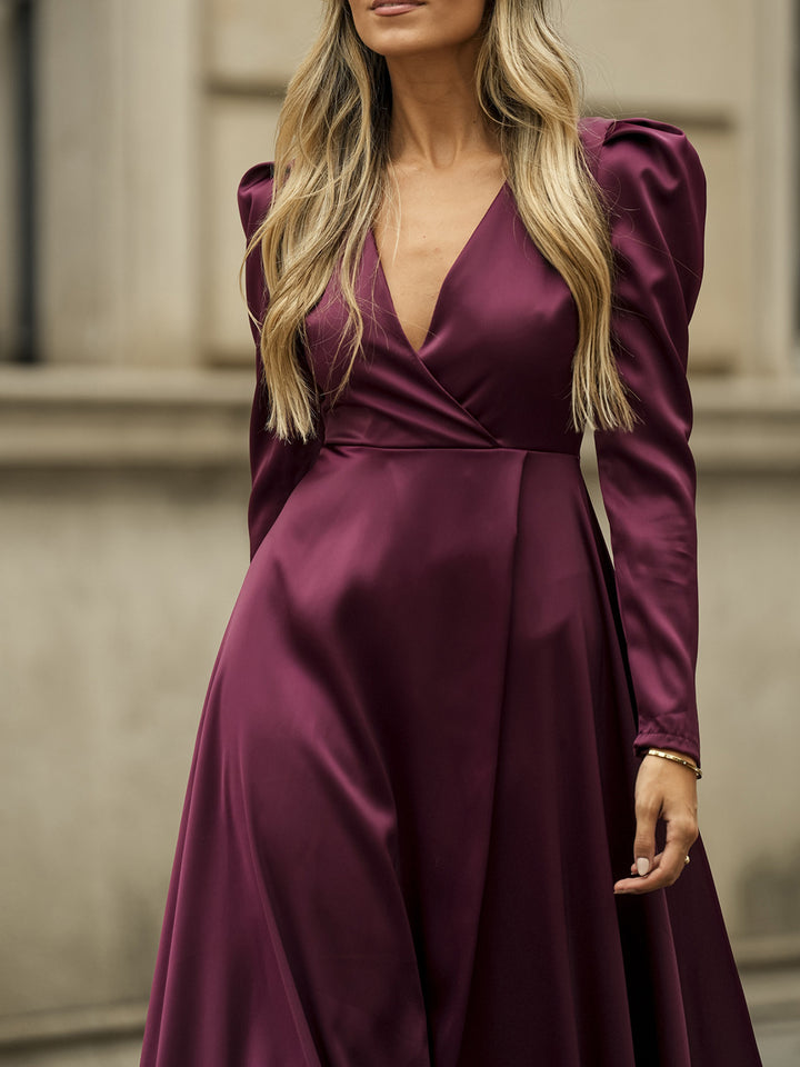 Puff Sleeves V-neck Slit Maxi Dress-Lady Dresses-Zishirts