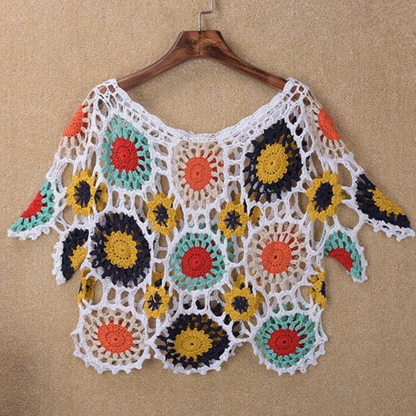 European And American Handmade Crochet Hollow-out Beach Cover-up Hand Crocheting Three-quarter Sleeve Crocheted Top-Sweaters-Zishirts