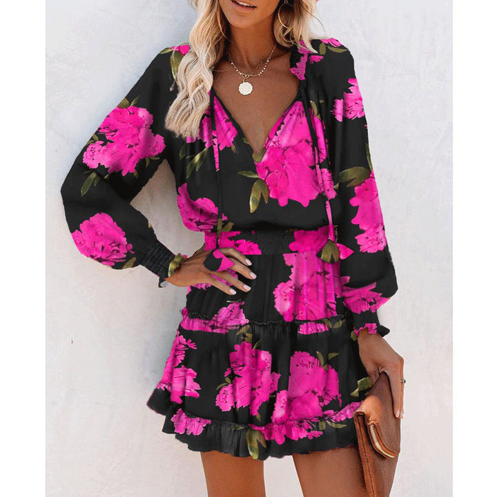 Printed Patchwork Puff Sleeve Waist Dress-Lady Dresses-Zishirts