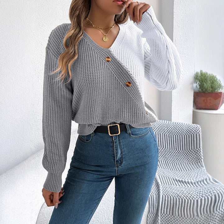 Casual V-neck Button Contrast Color Lantern Sleeve Pullover Sweater-Sweaters-Zishirts