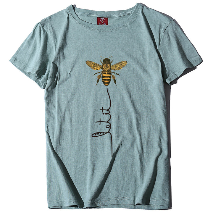 Bee And Letter Print Pattern Women's Loose T-shirt-Women's Outerwear 2023-Zishirts