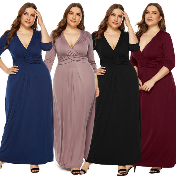 European And American Elegant Deep V-neck Swing Long Dress For Women-Lady Dresses-Zishirts