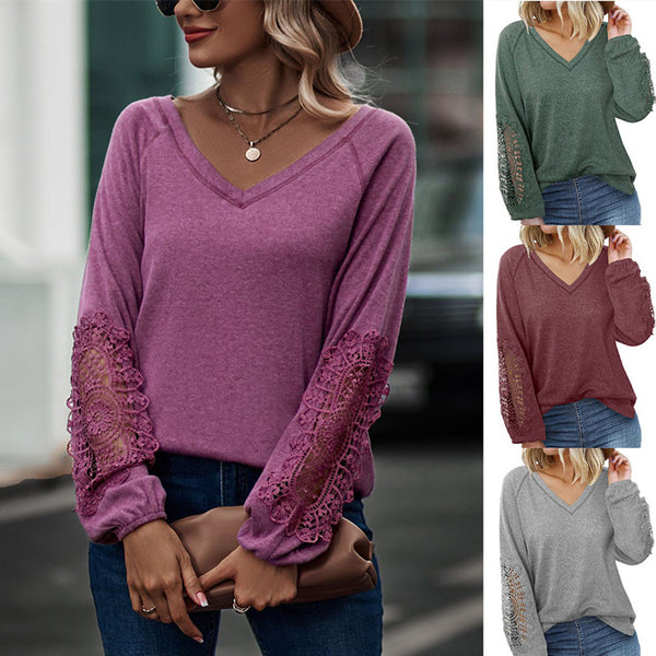 Loose Casual V-neck Lace Lace Long-sleeved-Blouses & Shirts-Zishirts