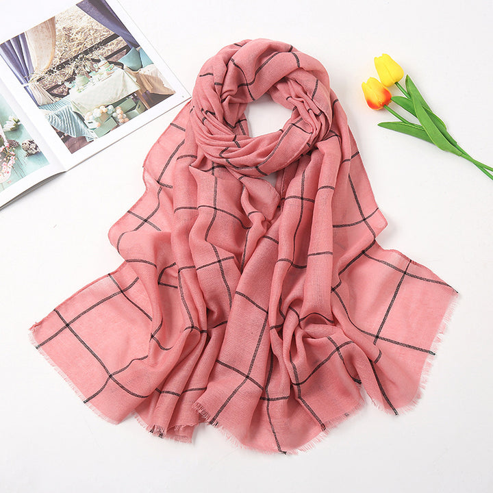 Checked Striped Cotton Linen Scarf-Scarves & Wraps-Zishirts