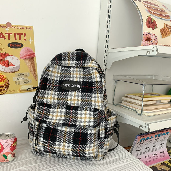 Retro Easy Matching Woolen Checked Backpack-Women's Bags-Zishirts