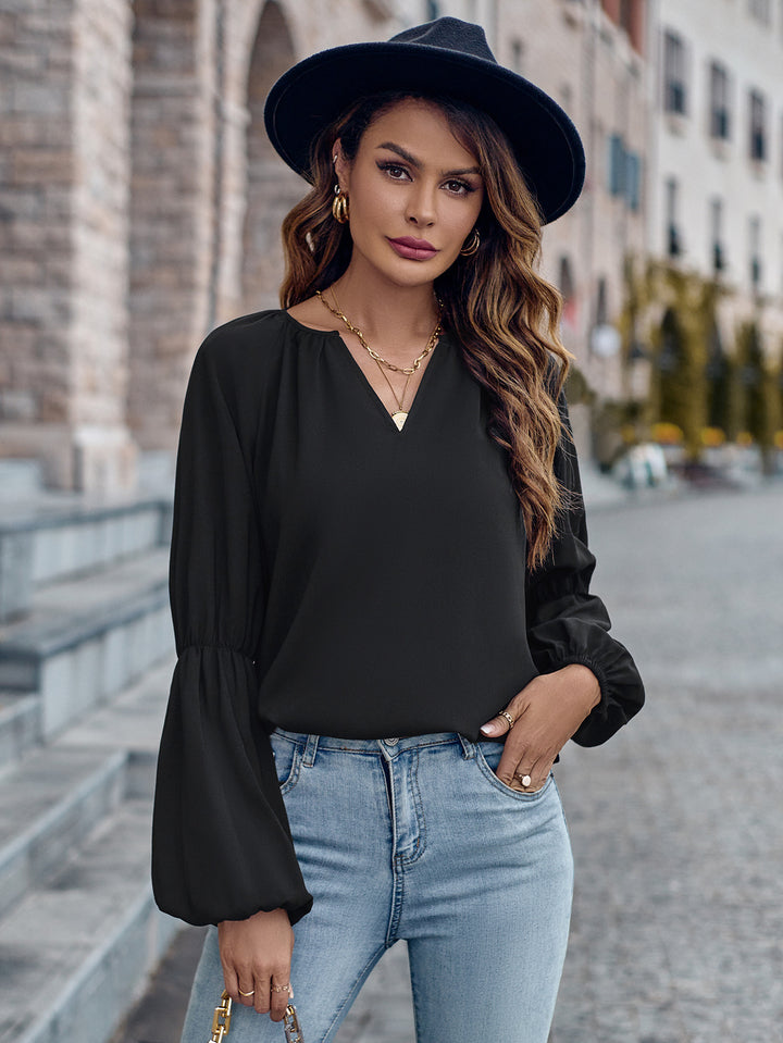 Solid Color And V-neck Loose Casual Women's Top-Blouses & Shirts-Zishirts