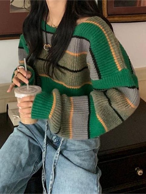 Short Colored Mosaic Striped Knitted Sweater-Sweaters-Zishirts