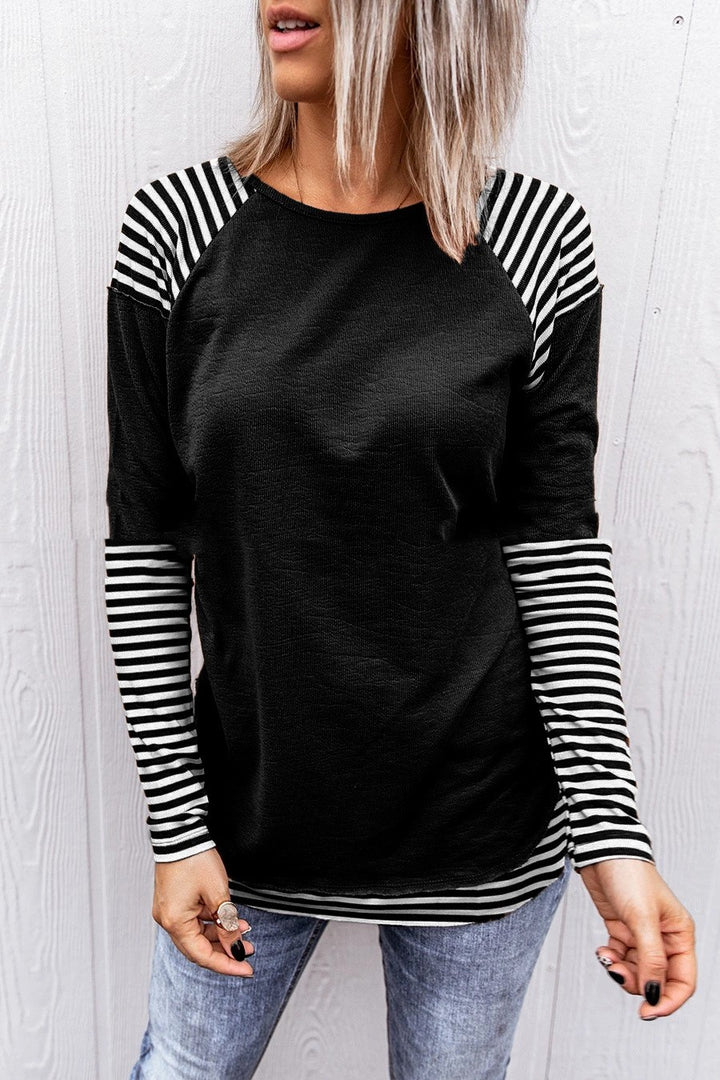 Round Neck Patchwork Stripes Loose Women's Long Sleeve-Women's Outerwear 2023-Zishirts