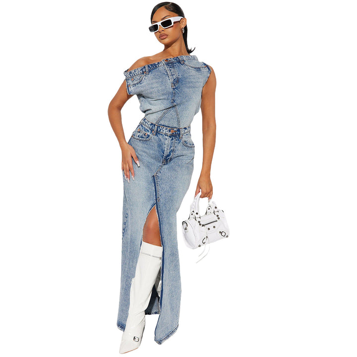 Women's Fashion Retro Denim Casual Denim Skirt Suit-Suits & Sets-Zishirts