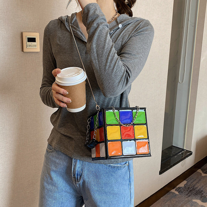 Fashion Color Contrast Cute Personality Creative Rubik's Cube Shape Portable Hand-carrying Chain Bag-Women's Bags-Zishirts