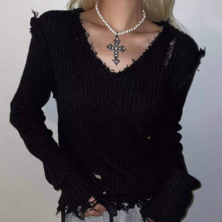 New Elegant V-neck Hand Frayed Long-sleeved Bottoming Sweater-Sweaters-Zishirts