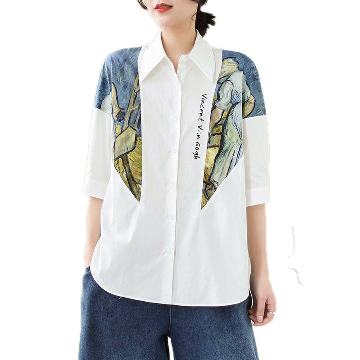 Cotton And Linen Large Size Loose Stitching Short Sleeve Shirt-Blouses & Shirts-Zishirts