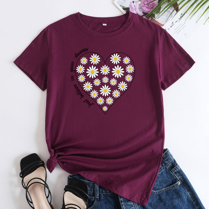 Women's Daisy Printed Cotton Round Neck Short Sleeve T-shirt-Blouses & Shirts-Zishirts