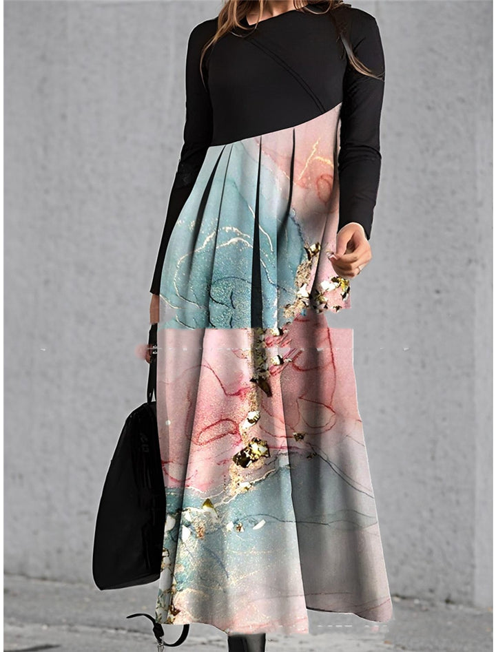 Diagonal Collar Stitching Printing Diagonal Collar Long Dress-Women's Outerwear 2023-Zishirts