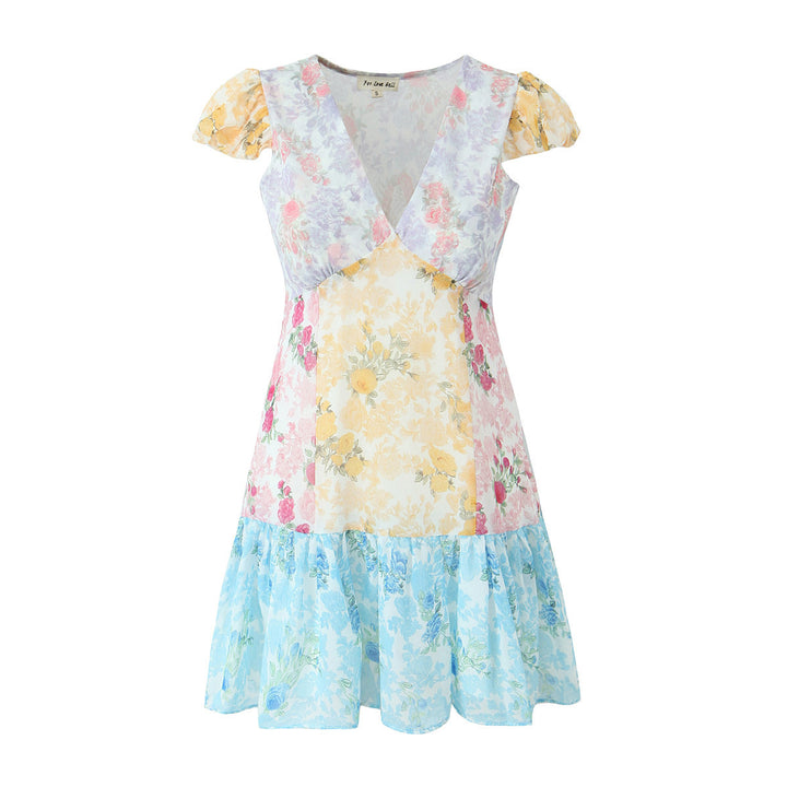 Printed Chiffon Stitching Mini V-neck Dress-Lady Dresses-Zishirts