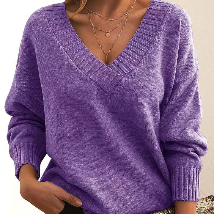 New Knitted Pullover Top For Women Loose V-neck Casual All-matching Sweater-Sweaters-Zishirts