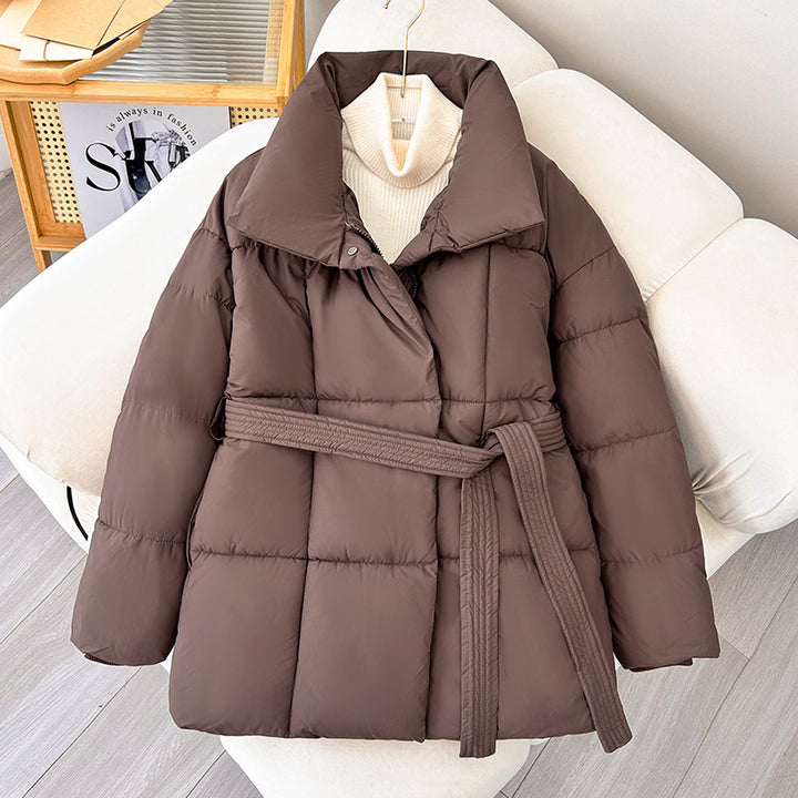 Winter Plaid Sewing Lapel Coat With Lace-up Design Fashion Loose Solid Thick Jacket Outerwear Women's Clothing-Jackets-Zishirts