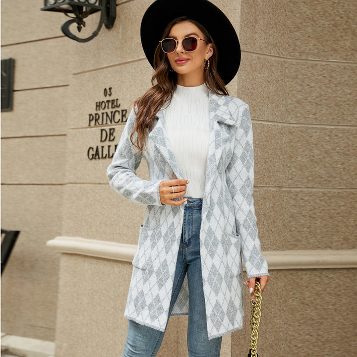 Long Sweater Contrast Houndstooth Knit Cardigan Trench Coat-Jackets-Zishirts