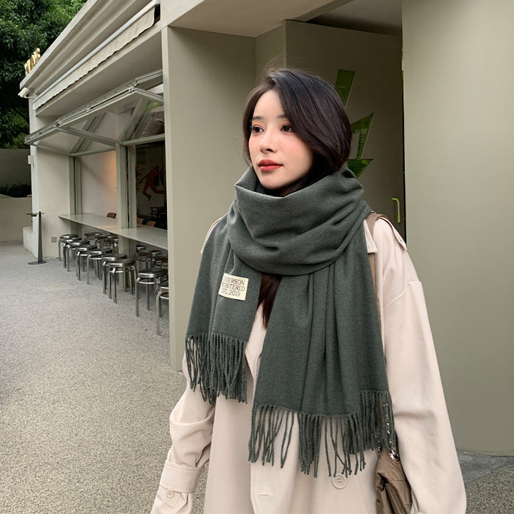 250g Solid Color Artificial Cashmere Scarf Thickened Warm Tassel Monochrome Shawl-Scarves & Wraps-Zishirts