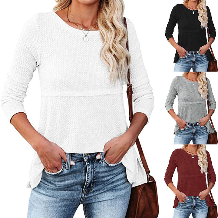 Women's Waffle Fashion Back Hollow Round Neck Long Sleeve Top-Suits & Sets-Zishirts