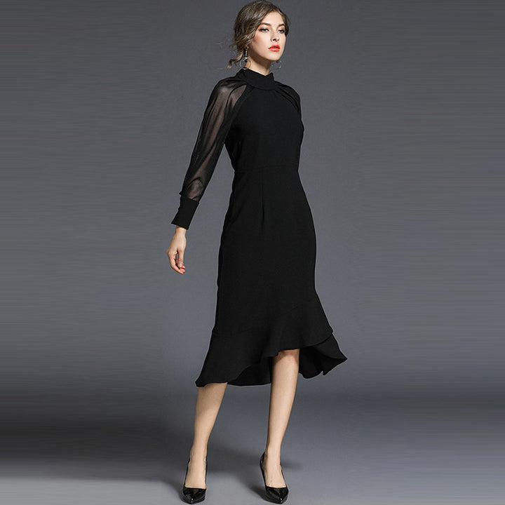 Stylish Temperament Long Sleeves Fishtail Slim Black Dress-Women's Outerwear 2023-Zishirts