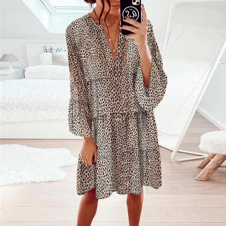 Women's Clothing Leopard Print V-neck Plus Size Loose Long Sleeve Dress-Womens 2024 March-Zishirts