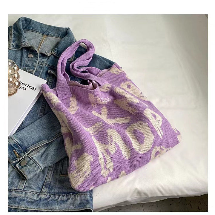 Letter Printed Knit Bag Fashion Shopping Shoulder Bag Large Capacity Handbag-Women's Bags-Zishirts