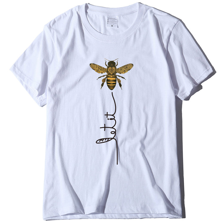 Bee And Letter Print Pattern Women's Loose T-shirt-Women's Outerwear 2023-Zishirts