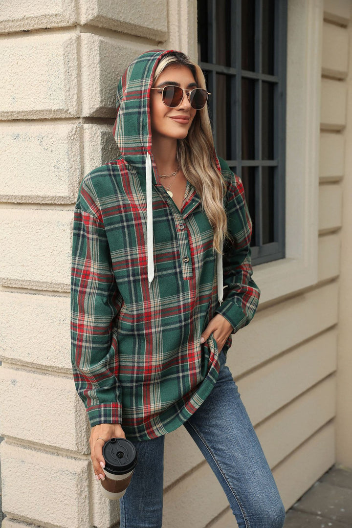 Fashion Plaid Print Hooded Sweatshirt With Button Loose Long Sleeve Hoodies Leisure Sports Top For Womens Clothing-Jackets-Zishirts