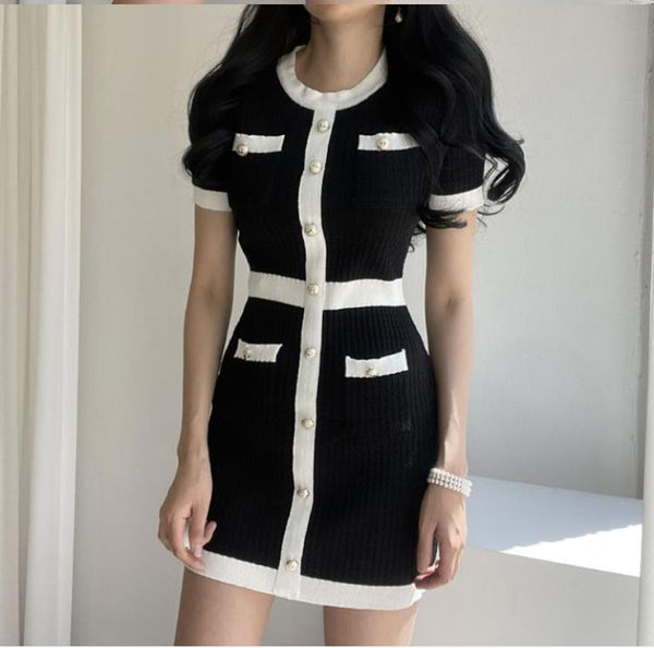 Color Matching Short-sleeved Knitted Dress Women's Waist Slimming Skirt-Lady Dresses-Zishirts