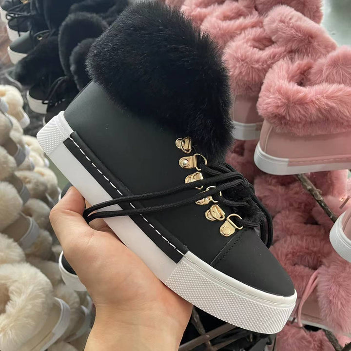 Lace-up Boots Cute Thick Sole Heighten Non Slip Snow Shoes Fall Winter Keep Warm Plush Lined Furry Ankle Boots Outdoor Walking Flat Shoes-4-Zishirts