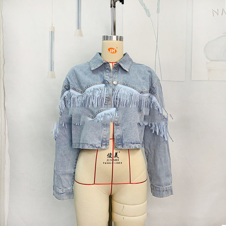 Tassel Denim Coat Short Polo Collar Jacket European And American Style-Jackets-Zishirts