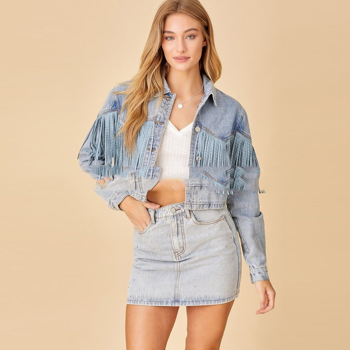 Tassel Denim Coat Short Polo Collar Jacket European And American Style-Jackets-Zishirts