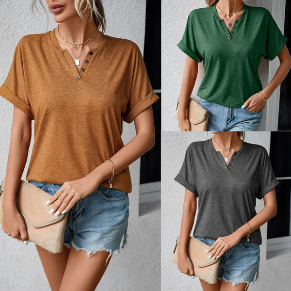 European And American Summer Casual V-neck Solid Color Buttons Loose T-shirt-Blouses & Shirts-Zishirts