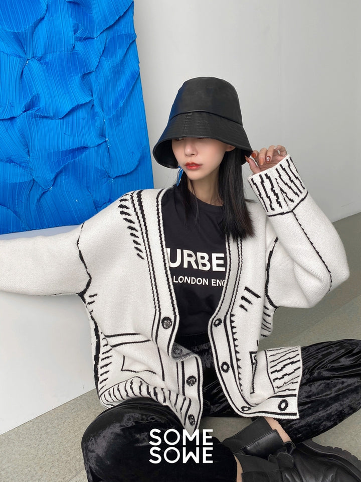 Graffiti Sweater Cardigan For Women V-neck Knitted Jacket-Women's Outerwear 2023-Zishirts