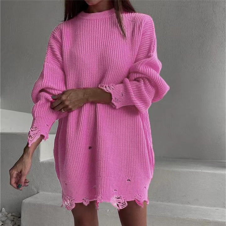 Solid Color Round Neck Long Sleeve Burrs Loose Knitted Pullover-Women's Outerwear 2023-Zishirts