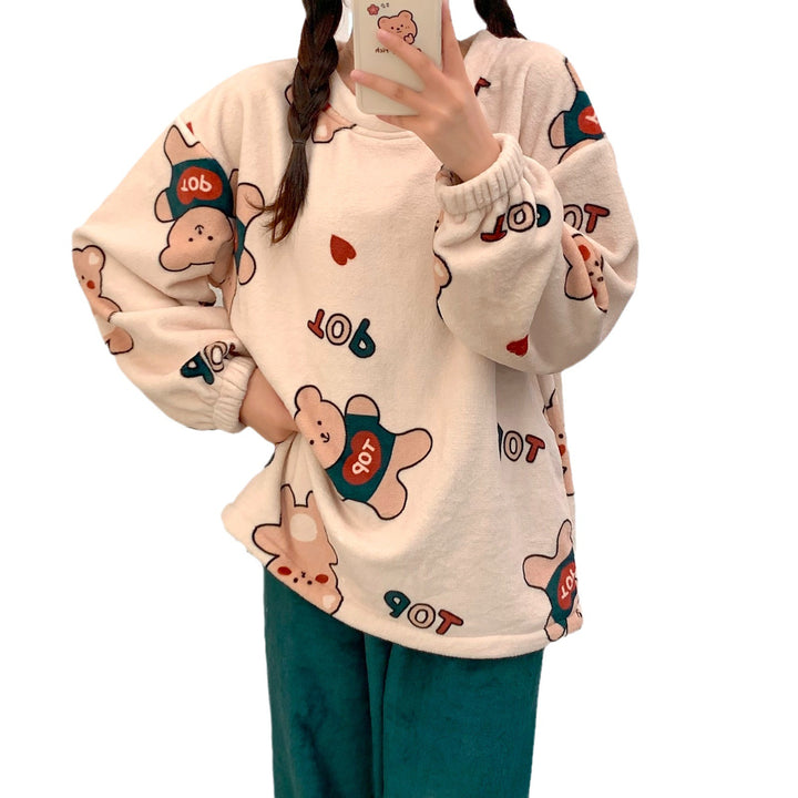 Cartoon Cute Flannel Warm Student Crew Neck Homewear-Women's Outerwear 2023-Zishirts