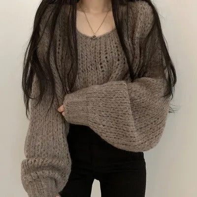 Women's Autumn And Winter Candy Color Pullover Loose Lantern Sleeve Knitted Sweater-Women's Outerwear 2023-Zishirts