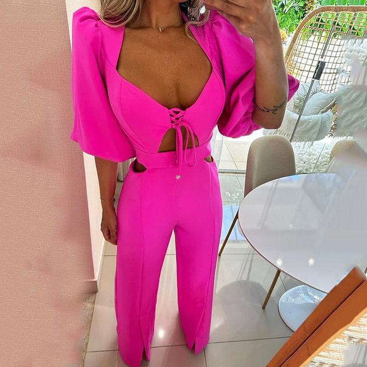 Summer Fashion V-neck Half Sleeves Midriff Outfit Loose Solid Color Jumpsuit-Women's Outerwear 2023-Zishirts